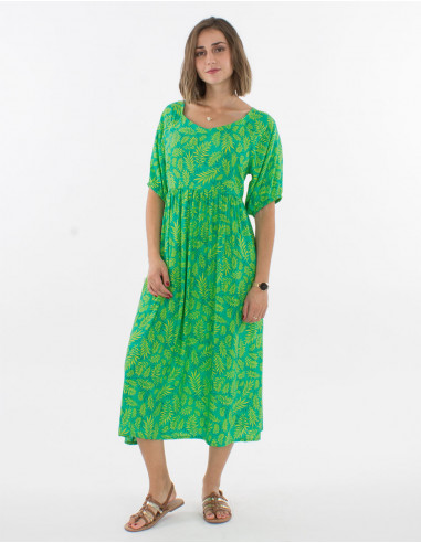 Long viscose dress with short sleeves and banana print