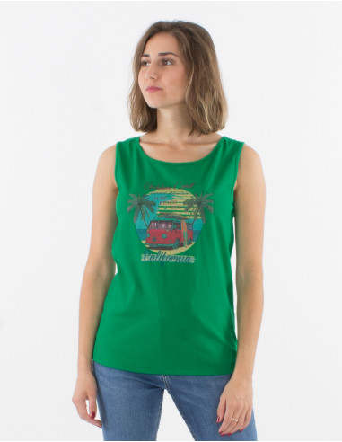 Sleeveless cotton t-shirt and golden coast print