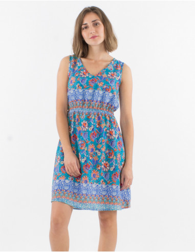 Sleeveless polyester dress with holi flower print