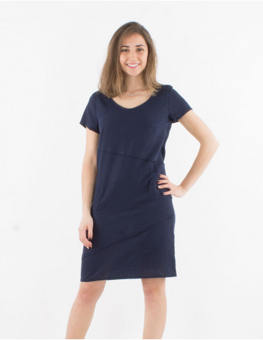 54% linen 46% viscose dress with v-neck and short sleeves