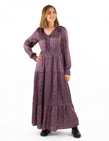 Long polyester satin dress with lining and "paisley" print