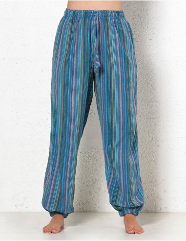 Mixed striped cotton trousers with 2 pockets elastic belt