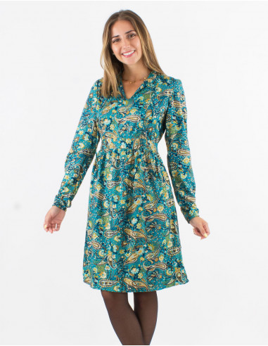 Polyester long sleeves dress with lining and "golden cachemire" print