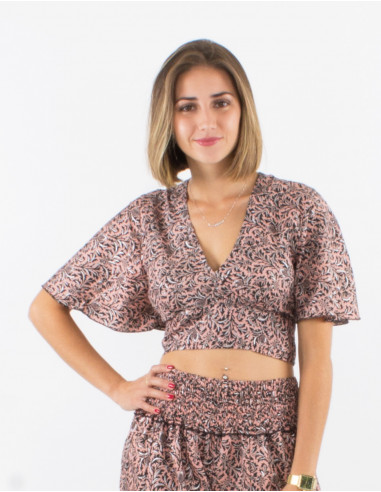 Sari short polyester top with short sleeves and silver print