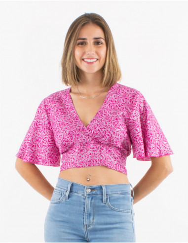 Sari short polyester top with short sleeves and silver print
