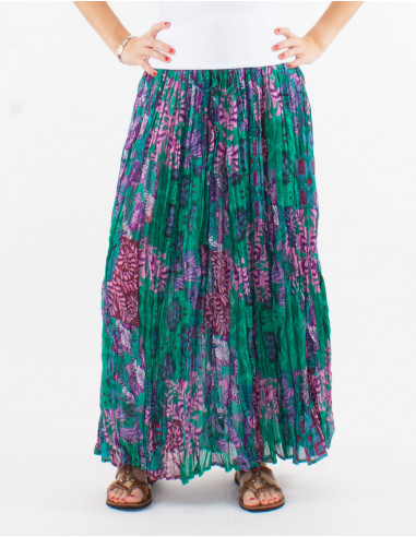 Cotton voile crinkled skirt with ethno print