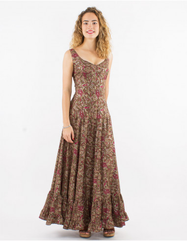 Long polyester sari dress with large straps and silver print