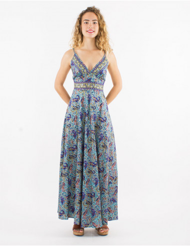 Long polyester sari backless dress with silver print