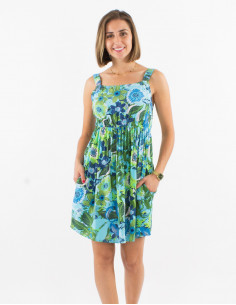 Short viscose dress with straps and sixties print