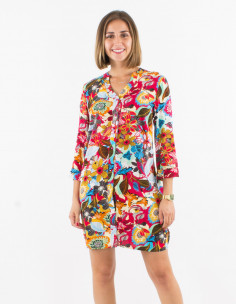 Viscose buttoned dress with roll-up 3/4 sleeves and sixties print 2