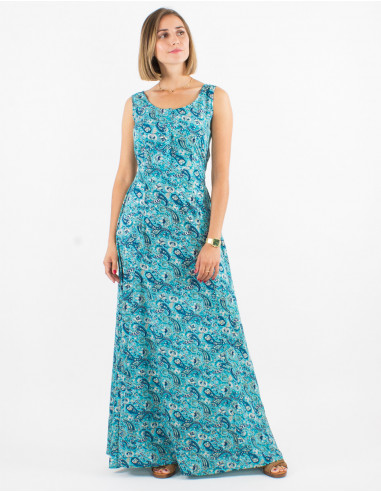 Long polyester sleeveless dress and golden cachemire print