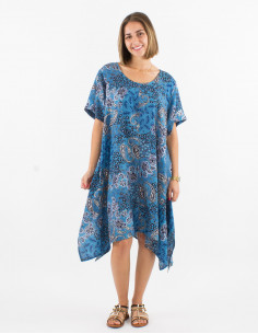 Polyester dress with short sleeves and silver pansy print