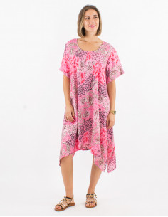Polyester dress with short sleeves and silver pansy print 2
