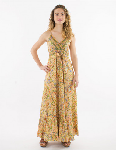 Sari print polyester strapless maxi dress