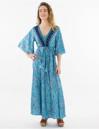 Short-sleeved polyester sari print maxi dress