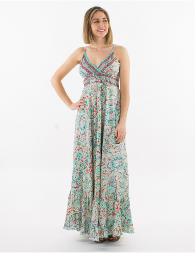Sari print polyester strapless maxi dress