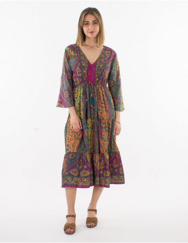 3/4-sleeve gold sari print polyester dress