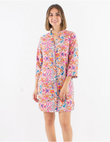 Short polyester buttoned dress with 3/4 roll-up sleeves and "aquarelle" print