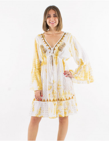 Cotton tie and dye long sleeves dress with beads and lining