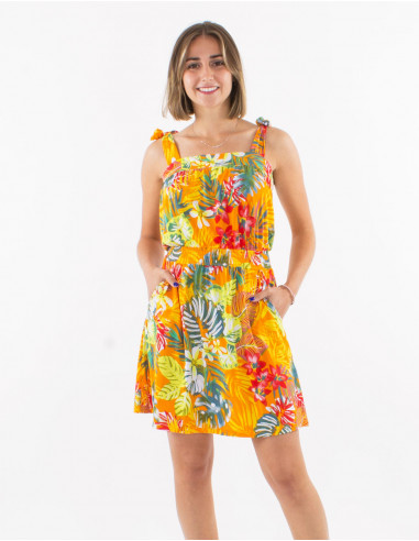 Knitted 96% polyester 4% elasthane dress with straps and "jungle" print