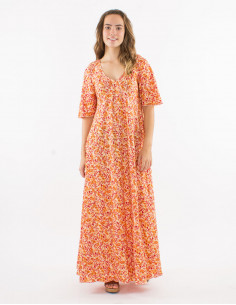 Long polyester v-neck dress with short sleeves and "dore" print 2