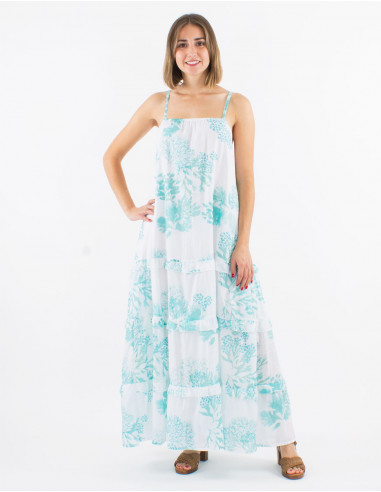 Long cotton voile coral print wrap-around dress with lining and golden leaves