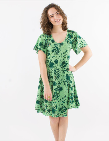 Polyester dress with short sleeves and "aster dore" print