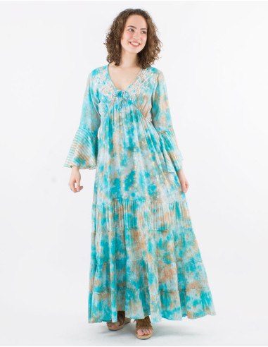 Long cotton voile tie and dye dress with beads and Long sleeves