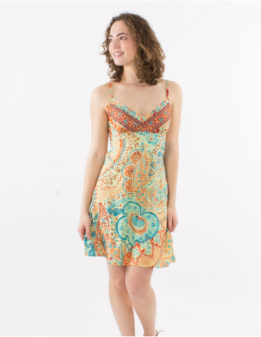 Short polyester "sari" straps dress with "zaari print" and silver thread embroidered