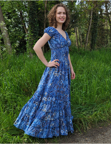 Long polyester dress with elastic size and "boheme argente" print