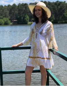 Cotton tie and dye long sleeves dress with beads and lining