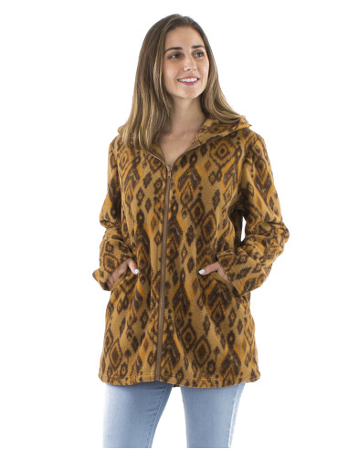 Knitted polar polyester long jacket with hood and Lovina print