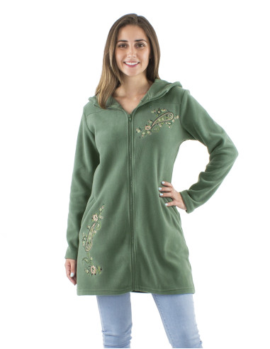 Knitted polar polyester long jacket with hood and embroidery flowers