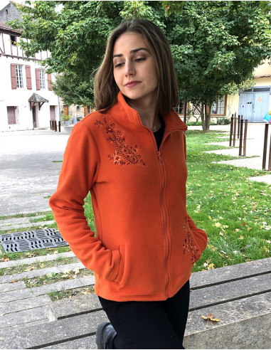 Knitted polar polyester jacket with collar and embroidery flowers
