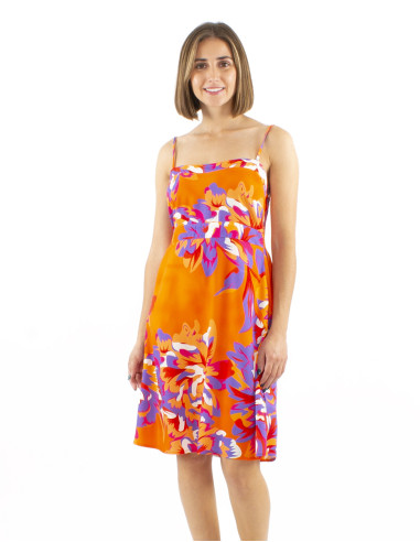 Viscose dress with stripes and Camelia print