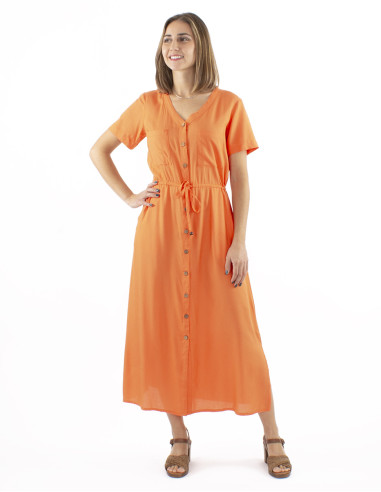Viscose long plain dress with buttons and short sleeves