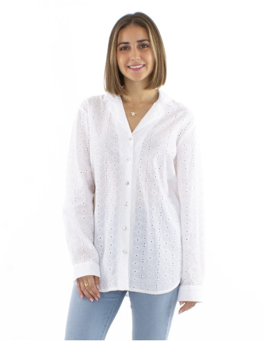 Cotton plain blouse with lace and long sleeves