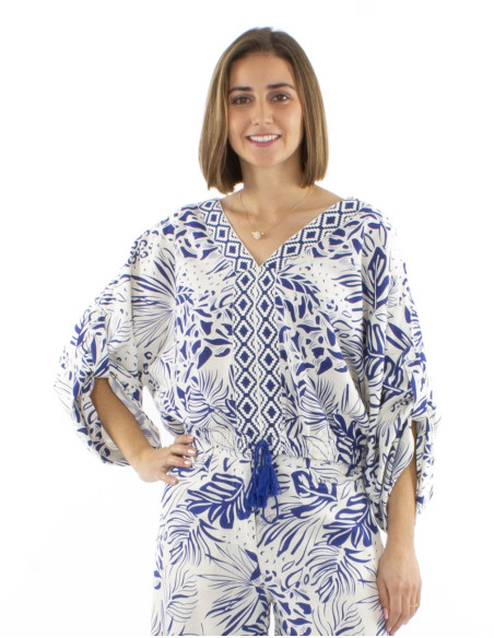 70% viscose 30% linen trim top with eslastic size and Nature print
