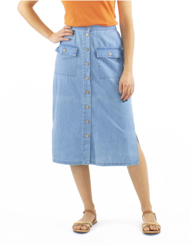 Cotton denim buttoned skirt with 2 pockets