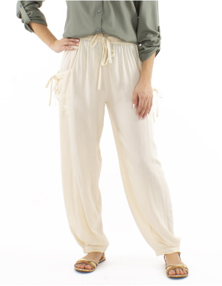 91% viscose 9% linen pants with pockets and elastic bottom